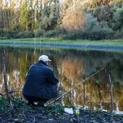 Wędkarz siedzi nad jeziorem, czekając aż tołpyga na co bierze. Słońce odbija się w wodzie, a za nim rozciąga się las.