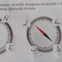 Trzy kompasów z zaznaczonymi kierunkami: N, E, S, W. Strzałki wskazują różne kierunki, ucząc rozpoznawania położenia na kompasie.