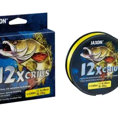 Opakowanie i szpulka z żółtą żyłką wędkarską Jaxon 12x Crius z grafiką ryby.