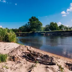 Piaskowy brzeg i ognisko nad spokojną rzeką Wartą. W tle bujna zieleń i błękitne niebo.