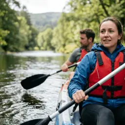 Para wiedzie na kajaki. Kobieta w kamizelce ratunkowej wiosłuje, mężczyzna za nią. Wskazówki, jak się przygotować na kajaki.