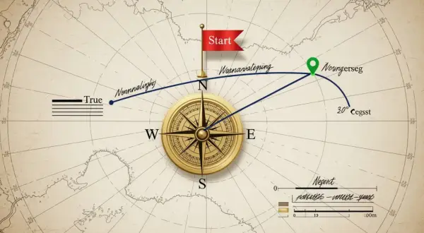 Kompas na mapie pokazuje, jak wyznaczyć azymut co to jest. Trasa od "Start" do "Norngerseg" z zaznaczonymi punktami.