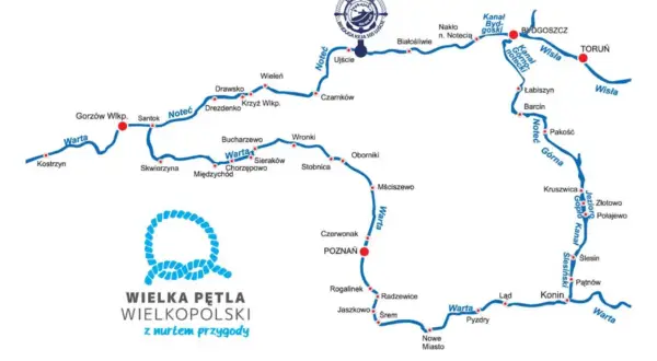 Mapa Wielkiej Pętli Wielkopolski z zaznaczonymi rzekami Warta i Noteć, kanałami i miastami. Idealna do planowania wodnej przygody.