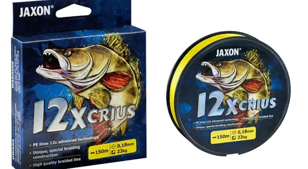 Opakowanie i szpulka z żółtą żyłką wędkarską Jaxon 12x Crius z grafiką ryby.