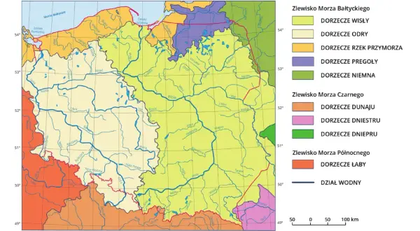 Mapa Polski z zaznaczonymi zlewiskiem Wisły, prawy dopływ Wisły to jej dorzecze.
