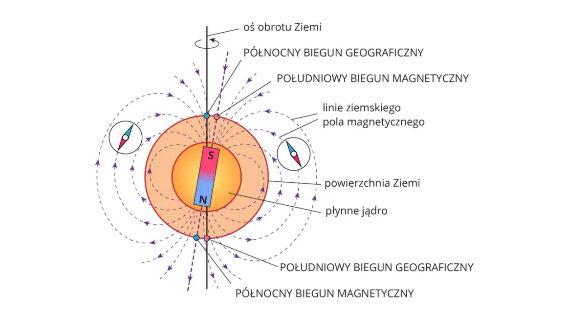 Ilustracja pokazuje Ziemię z polem magnetycznym i oznaczeniami na kompasie, bieguny geograficzne i magnetyczne.