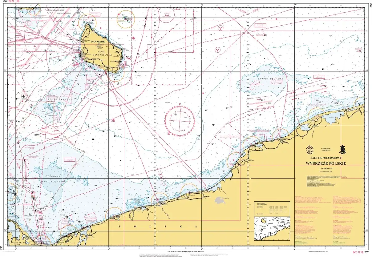 Mapa nawigacyjna Bałtyku Południowego, Wybrzeże Polskie, z zaznaczoną Danią Bornholm i ławicami.