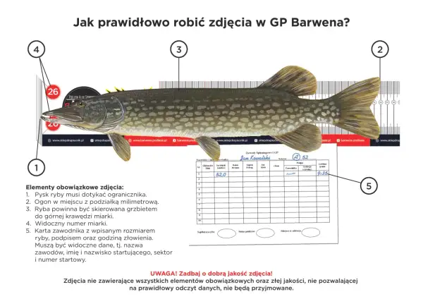 Szczupak 52 cm na miarce, z widocznym numerem zawodnika i godziną złowienia. Kluczowy jest wymiar ochronny ryby.
