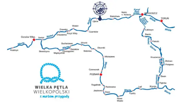 Mapa Wielkiej Pętli Wielkopolski z zaznaczonymi rzekami Warta i Noteć, kanałami i miastami. Idealna do planowania wodnej przygody.