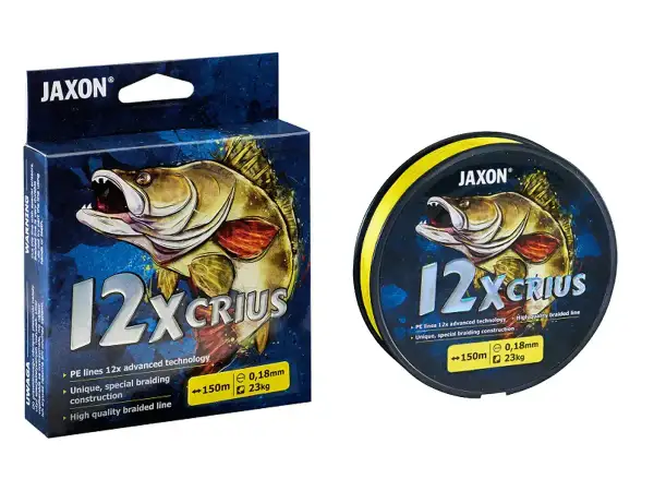 Opakowanie i szpulka z żółtą żyłką wędkarską Jaxon 12x Crius z grafiką ryby.