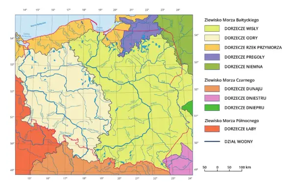 Mapa Polski z zaznaczonymi zlewiskiem Wisły, prawy dopływ Wisły to jej dorzecze.