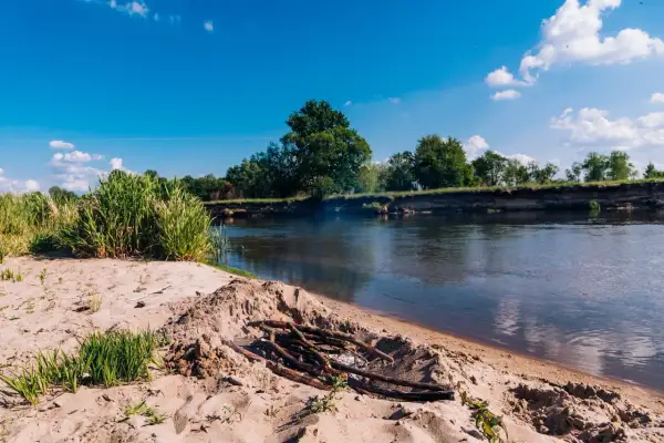 Piaskowy brzeg i ognisko nad spokojną rzeką Wartą. W tle bujna zieleń i błękitne niebo.